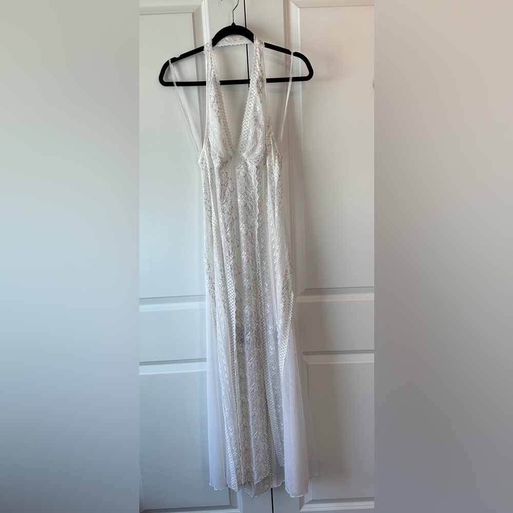 Vintage Flora Nikrooz White Lace Halter Neck Gown w/Slits (Size L)